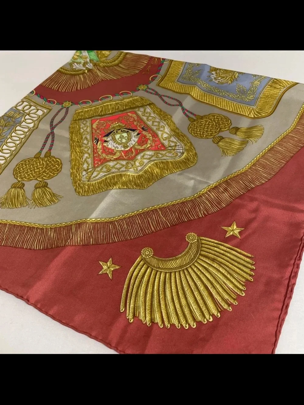 Hermes Red Gold Gray Printed Silk Scarf